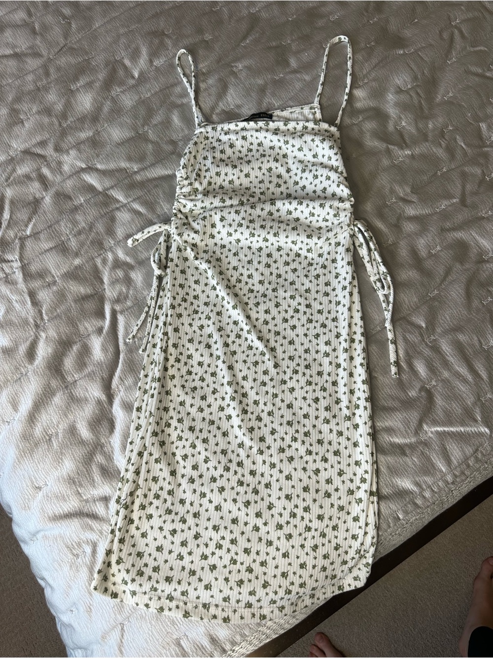 Green Floral White Midi Dress with Adjustable Side Ties